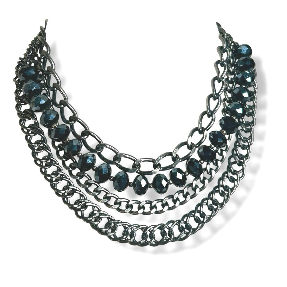 Gothic Whimsigoth Gunmetal Layered Curb Chain Choker Collar Statement Necklace